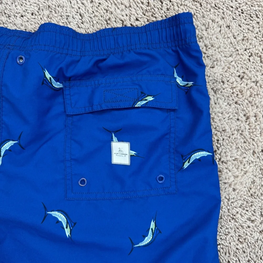 Alex Cannon Swim Trunks Men L Marlin Print Quick Dry Blue Drawstring Swim Shorts